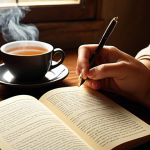 ** A person writing in a journal with a warm, inviting light. Focus on the emotional expression of processing difficult memories and finding peace through writing. Consider incorporating elements like a calming environment and a steaming cup of tea to enhance the therapeutic atmosphere.

**