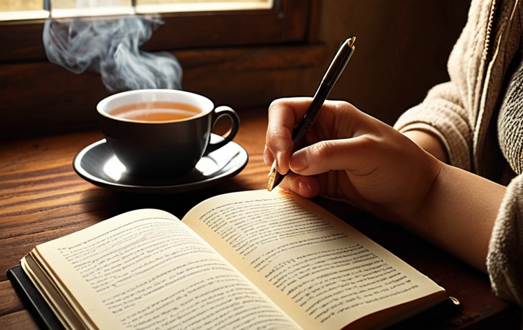 ** A person writing in a journal with a warm, inviting light. Focus on the emotional expression of processing difficult memories and finding peace through writing. Consider incorporating elements like a calming environment and a steaming cup of tea to enhance the therapeutic atmosphere.
**