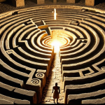 **Prompt 1:** A lone figure stands at the entrance of an ancient, mystical labyrinth, illuminated by an ethereal glow. Around them, subtle visual whispers of classical myths and forgotten epics, like fragments of an old scroll or ancient symbols, hint at a timeless journey of self-discovery. The atmosphere should convey deep wisdom, the weight of history, and the profound quest for personal meaning. *Visual style: Allegorical, cinematic, rich in symbolic detail, with a sense of wonder and introspection.*