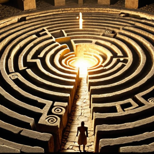 **Prompt 1:** A lone figure stands at the entrance of an ancient, mystical labyrinth, illuminated by an ethereal glow. Around them, subtle visual whispers of classical myths and forgotten epics, like fragments of an old scroll or ancient symbols, hint at a timeless journey of self-discovery. The atmosphere should convey deep wisdom, the weight of history, and the profound quest for personal meaning. *Visual style: Allegorical, cinematic, rich in symbolic detail, with a sense of wonder and introspection.*