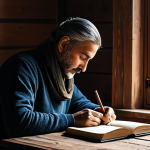 A contemplative individual, fully clothed in modest, comfortable attire, seated at a rustic wooden desk, diligently writing in a leather-bound journal. The scene is set in a quiet, cozy study with warm, inviting ambient light filtering through a window, illuminating delicate dust motes in the air. A cup of Turkish tea steams gently beside the journal, reflecting a moment of profound introspection and self-discovery. Perfect anatomy, correct proportions, natural pose, well-formed hands, proper finger count, natural body proportions. Safe for work, appropriate content, family-friendly, fully clothed.