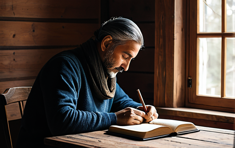 A contemplative individual, fully clothed in modest, comfortable attire, seated at a rustic wooden desk, diligently writing in a leather-bound journal. The scene is set in a quiet, cozy study with warm, inviting ambient light filtering through a window, illuminating delicate dust motes in the air. A cup of Turkish tea steams gently beside the journal, reflecting a moment of profound introspection and self-discovery. Perfect anatomy, correct proportions, natural pose, well-formed hands, proper finger count, natural body proportions. Safe for work, appropriate content, family-friendly, fully clothed.