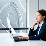 A thoughtful and composed professional, fully clothed in modest business attire, sits quietly at a sleek desk within a modern, minimalist office. Their gaze is gentle and introspective, hinting at deep contemplation. The background features subtle, abstract digital elements resembling wisps of memory or fragmented thoughts, softly blending into the contemporary office decor. Soft, diffused lighting creates a serene and contemplative atmosphere. This image embodies the beginning of a self-discovery journey, exploring the impact of the past on the present. Perfect anatomy, correct proportions, natural pose, well-formed hands, proper finger count, natural body proportions, safe for work, appropriate content, fully clothed, professional, high-quality, studio lighting, clear focus.
