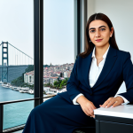 **

A professional Turkish businesswoman in a modest, dark business suit, sitting at a desk in a modern Istanbul office overlooking the Bosphorus, fully clothed, appropriate attire, safe for work, perfect anatomy, natural proportions, professional photography, high quality. Focus on a confident and capable demeanor.

**