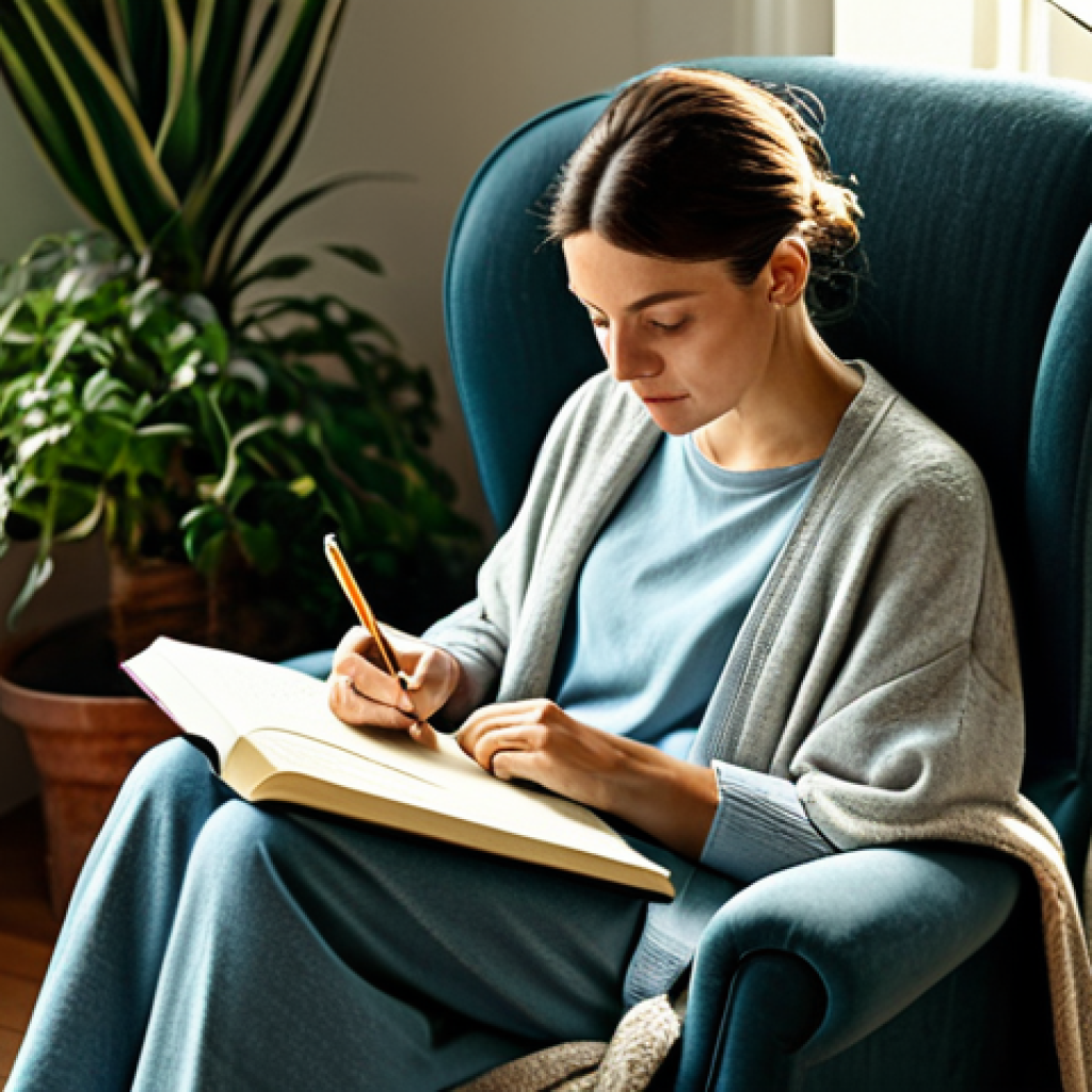 **
"A woman in a comfortable armchair, fully clothed, with a warm blanket, thoughtfully writing in a journal in a sunlit room, plants nearby, creating a safe space for reflection, safe for work, appropriate content, professional, family-friendly, perfect anatomy, natural proportions, modest clothing."
**