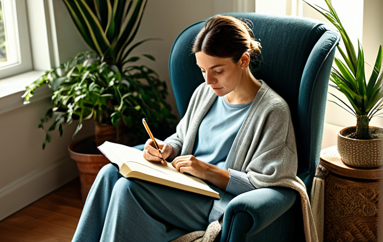 **
"A woman in a comfortable armchair, fully clothed, with a warm blanket, thoughtfully writing in a journal in a sunlit room, plants nearby, creating a safe space for reflection, safe for work, appropriate content, professional, family-friendly, perfect anatomy, natural proportions, modest clothing."
**