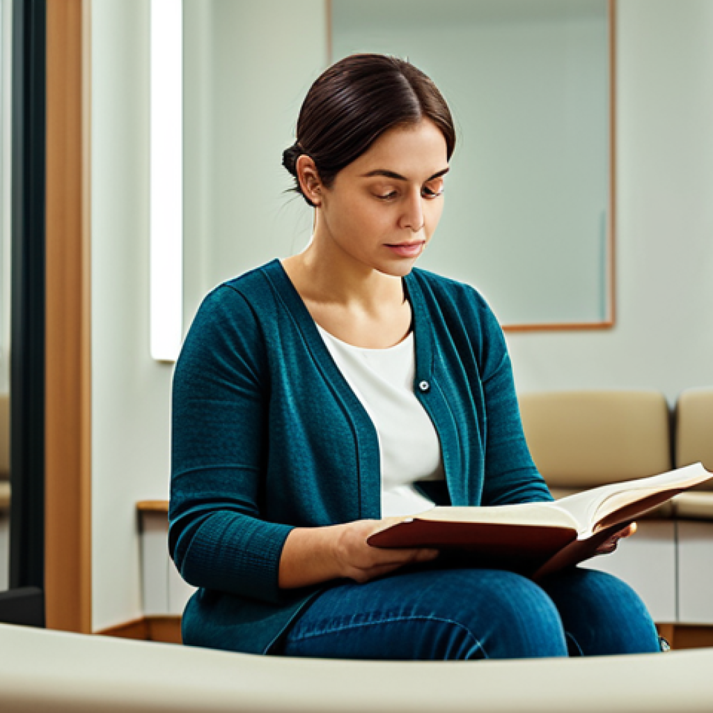 Therapy Session Reflection**
A woman in a comfortable, fully clothed outfit sits in a well-lit therapy room, thoughtfully looking at a journal in her lap. The room has soft lighting and calming colors. Safe for work, appropriate content, modest clothing, professional setting, perfect anatomy, natural proportions, family-friendly.
**