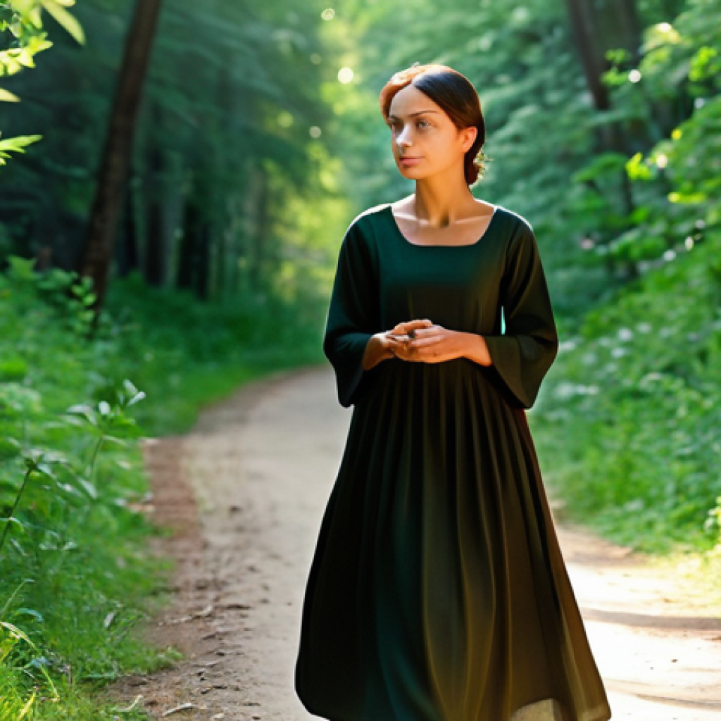 Inner Journey**
"A woman with a serene expression, fully clothed in modest, comfortable attire, walking along a peaceful forest path, surrounded by lush greenery and soft sunlight, representing self-discovery and inner peace, safe for work, appropriate content, professional photography, perfect anatomy, natural pose, well-formed hands, proper finger count, natural body proportions."
**