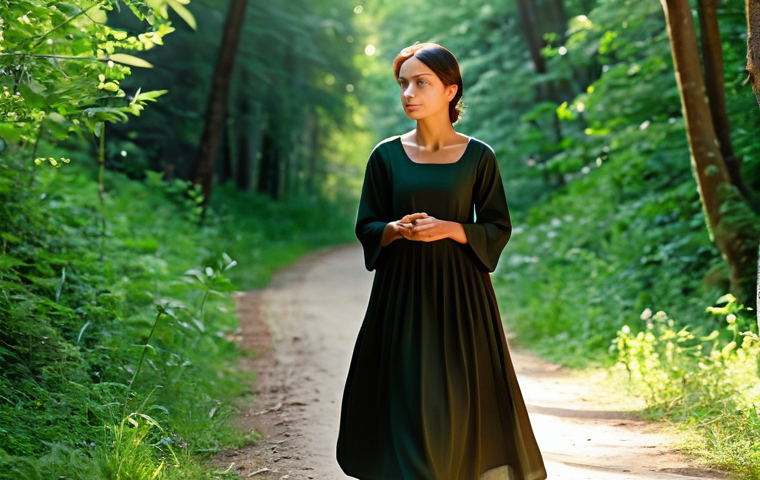 Inner Journey**
"A woman with a serene expression, fully clothed in modest, comfortable attire, walking along a peaceful forest path, surrounded by lush greenery and soft sunlight, representing self-discovery and inner peace, safe for work, appropriate content, professional photography, perfect anatomy, natural pose, well-formed hands, proper finger count, natural body proportions."
**