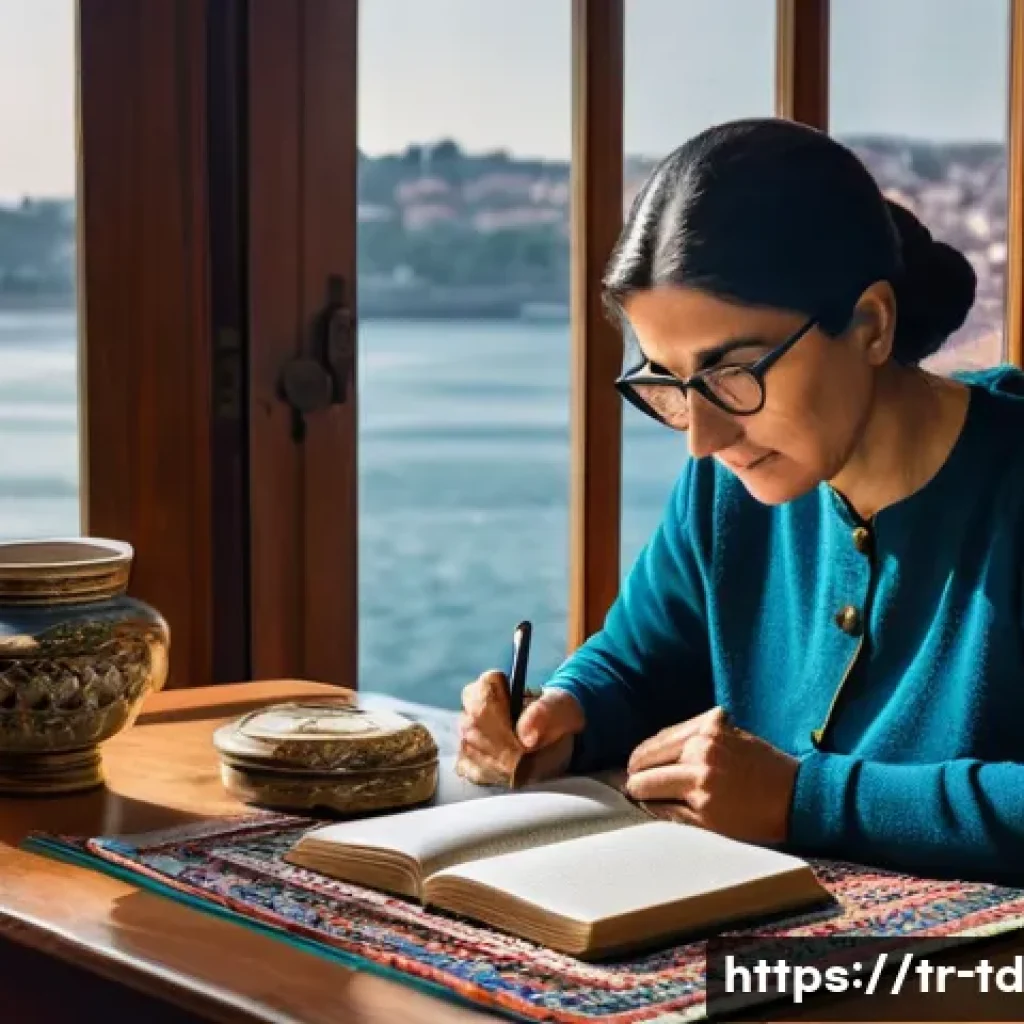 자서전적 치료법의 연구 결과 리뷰 - A serene therapy room scene in Istanbul featuring a middle-aged Turkish woman sitting at a wooden de...
