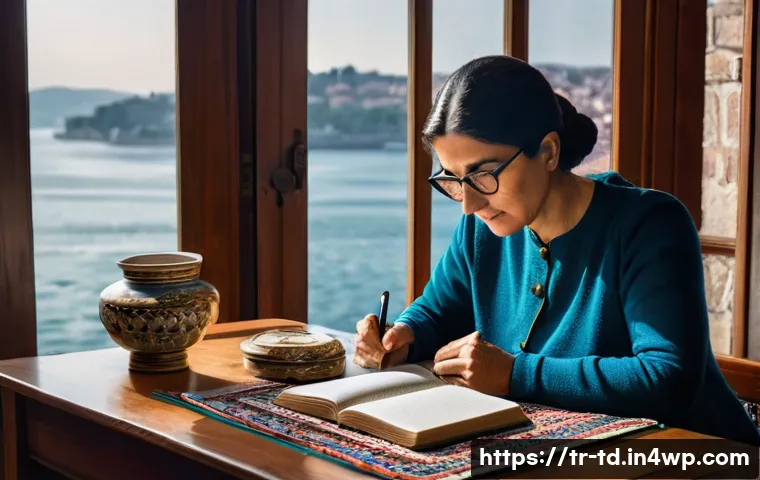 자서전적 치료법의 연구 결과 리뷰 - A serene therapy room scene in Istanbul featuring a middle-aged Turkish woman sitting at a wooden de...