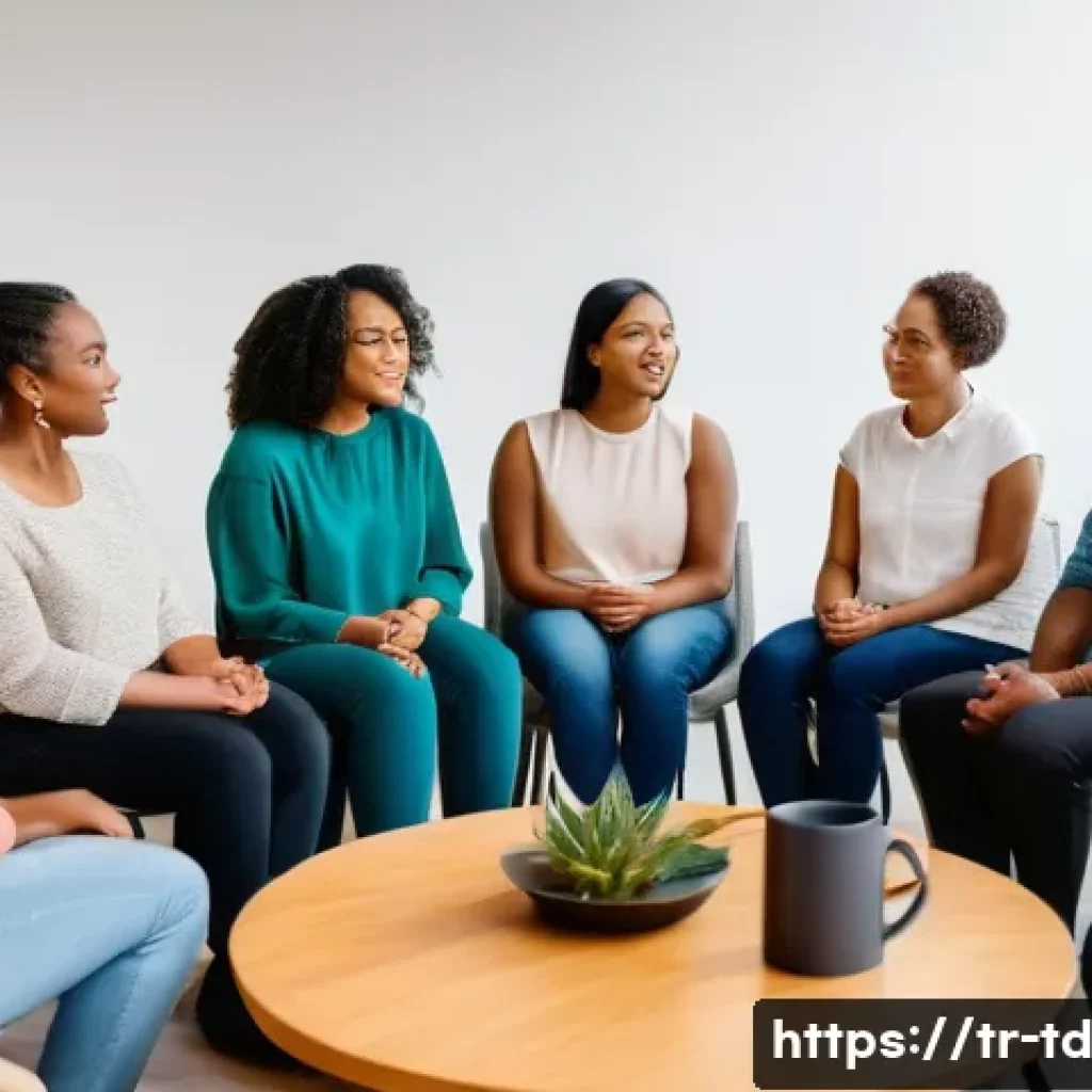 자서전적 치료법의 그룹 세션 진행 방법 - A diverse group therapy session in a cozy, well-lit room with six to eight adults seated in a circle...