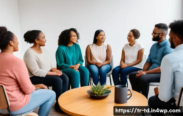 자서전적 치료법의 그룹 세션 진행 방법 - A diverse group therapy session in a cozy, well-lit room with six to eight adults seated in a circle...