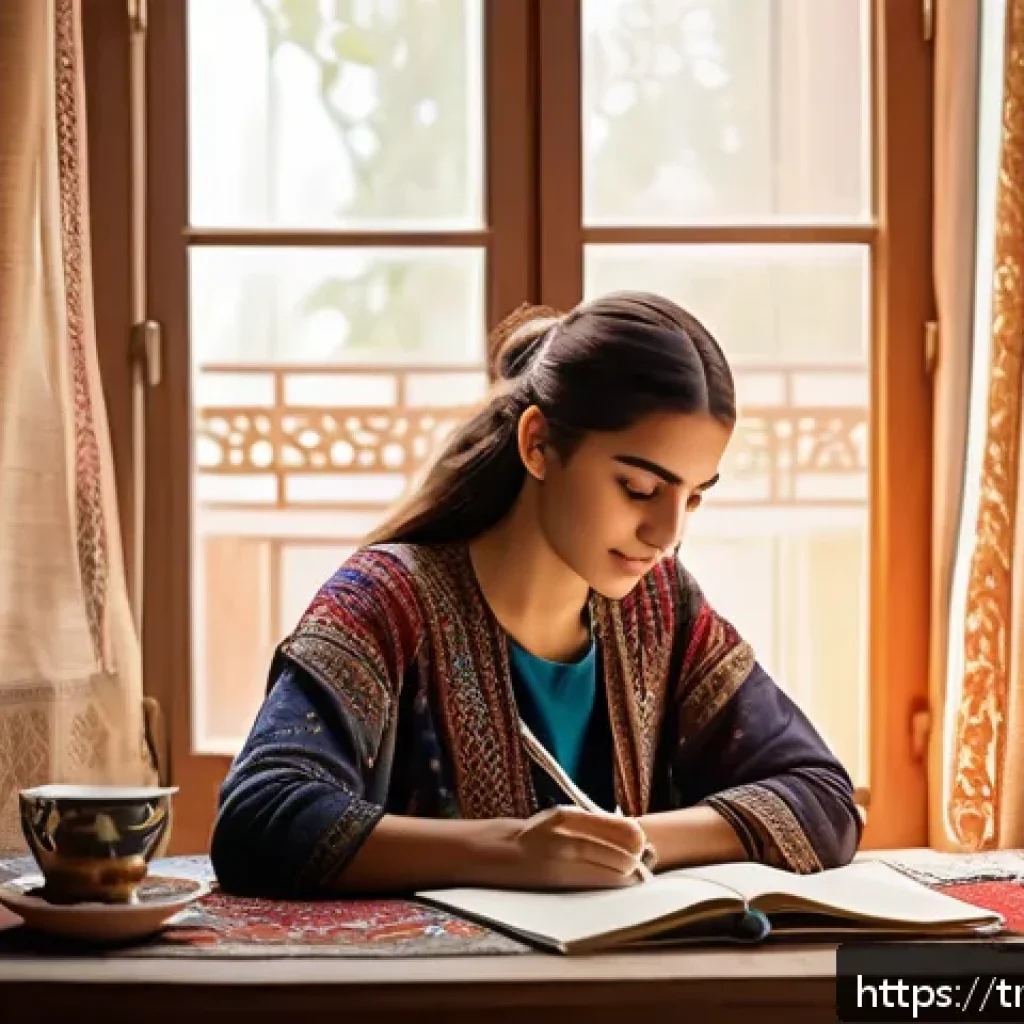 자서전적 치료법과 감정 표현의 관계 - A serene and cozy indoor scene depicting a young Turkish woman sitting at a wooden desk near a large...