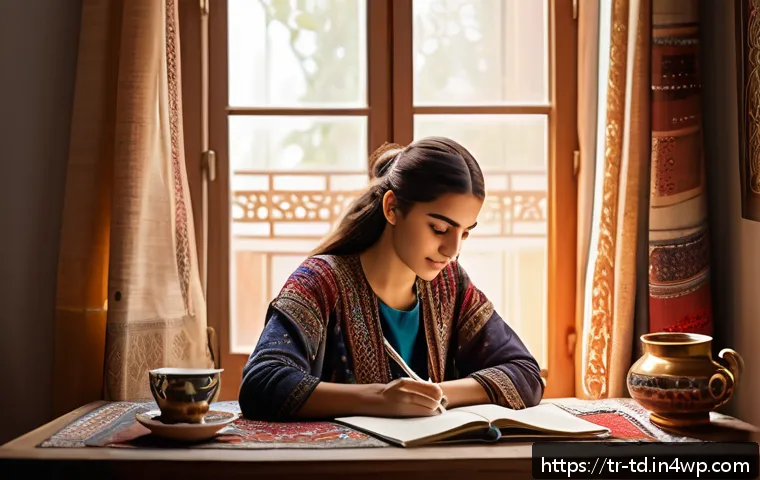 자서전적 치료법과 감정 표현의 관계 - A serene and cozy indoor scene depicting a young Turkish woman sitting at a wooden desk near a large...
