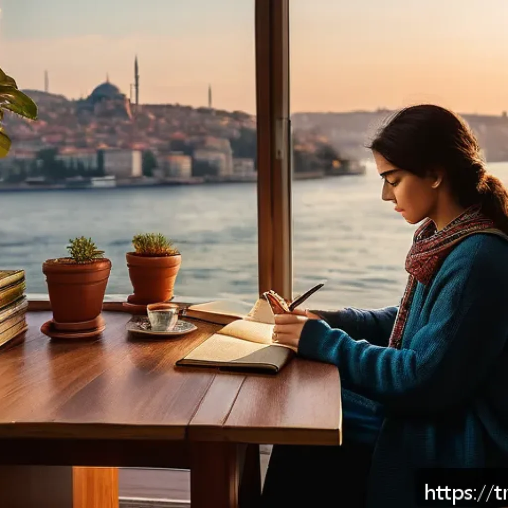 자서전적 치료법과 자기 반성의 중요성 - A cozy, warmly lit room in a modern Istanbul apartment, featuring a young Turkish woman sitting at a...