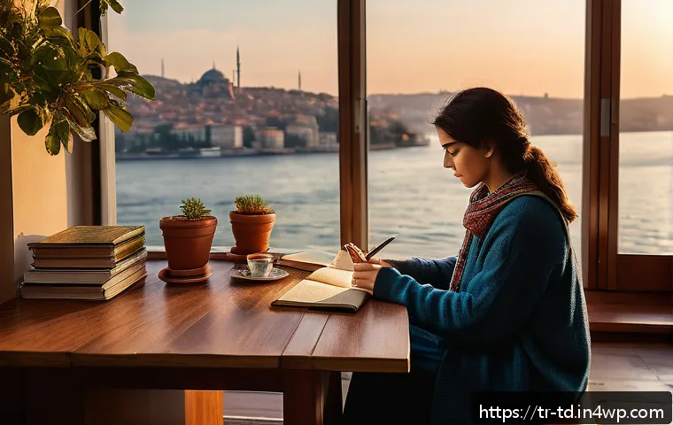 자서전적 치료법과 자기 반성의 중요성 - A cozy, warmly lit room in a modern Istanbul apartment, featuring a young Turkish woman sitting at a...