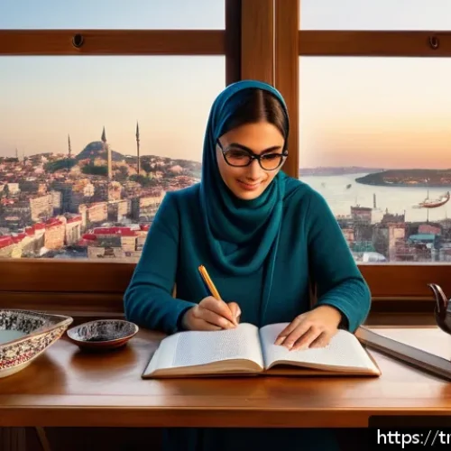 Home 33 자서전적 치료법과 비판적 사고의 상관관계 - A serene and cozy home office scene featuring a Turkish adult woman journaling thoughtfully at a woo...