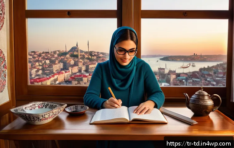 자서전적 치료법과 비판적 사고의 상관관계 - A serene and cozy home office scene featuring a Turkish adult woman journaling thoughtfully at a woo...