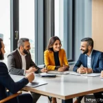 Home 20 자서전적 치료법의 커뮤니케이션 기술 - A warm, modern office scene showing a diverse Turkish team gathered around a conference table, shari...
