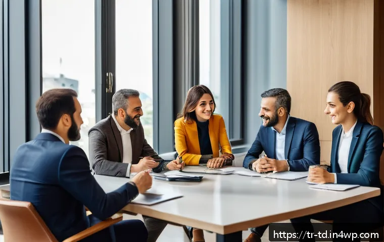 자서전적 치료법의 커뮤니케이션 기술 - A warm, modern office scene showing a diverse Turkish team gathered around a conference table, shari...