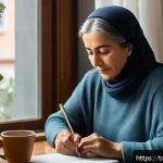 Home 19 자서전적 치료법의 단기 및 장기 효과 - A serene and cozy home office scene in Istanbul, featuring a middle-aged Turkish woman wearing modes...