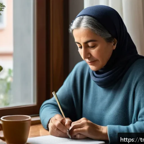 Home 31 자서전적 치료법의 단기 및 장기 효과 - A serene and cozy home office scene in Istanbul, featuring a middle-aged Turkish woman wearing modes...