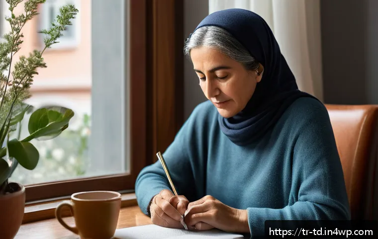 자서전적 치료법의 단기 및 장기 효과 - A serene and cozy home office scene in Istanbul, featuring a middle-aged Turkish woman wearing modes...