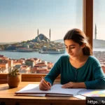 Home 18 자서전적 치료법을 위한 저널링 기법 - A cozy, sunlit Turkish home office setting featuring a young adult woman sitting at a wooden desk by...