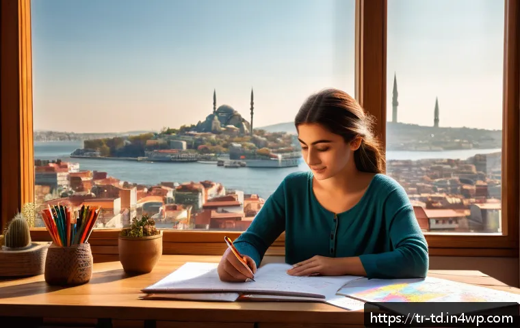 자서전적 치료법을 위한 저널링 기법 - A cozy, sunlit Turkish home office setting featuring a young adult woman sitting at a wooden desk by...